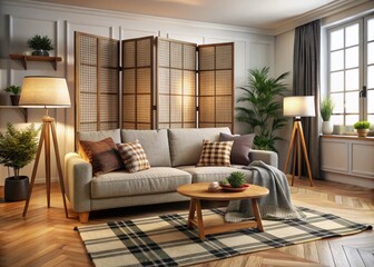 Cozy living room featuring a comfortable sofa with plaid and a stylish folding screen for privacy