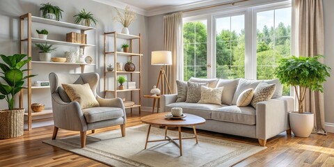 Fototapeta premium Cozy Living Room with Decorative Pillows on a Light Armchair for a Stylish Home Interior Design