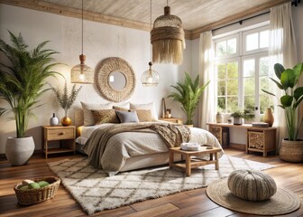 Cozy Minimalist Boho Bedroom with Natural Textures and Earthy Tones for a Relaxing Atmosphere