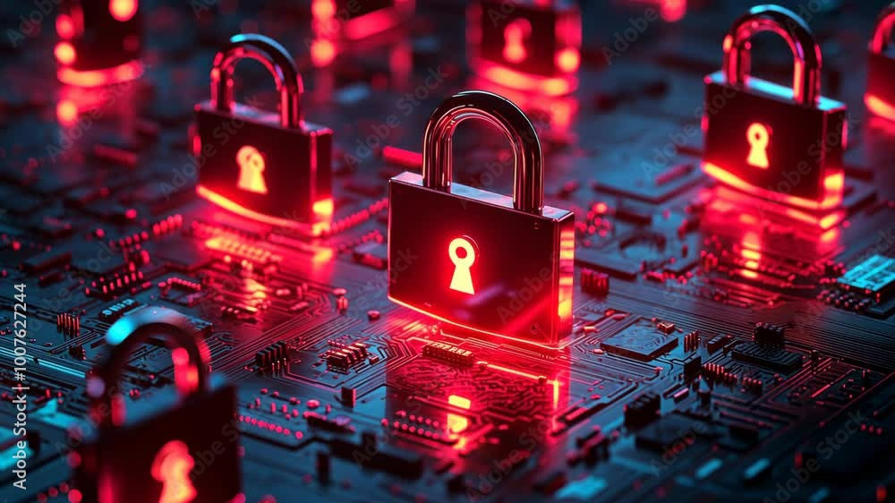 Poster a close-up of a glowing red padlock on a circuit board, symbolizing digital security