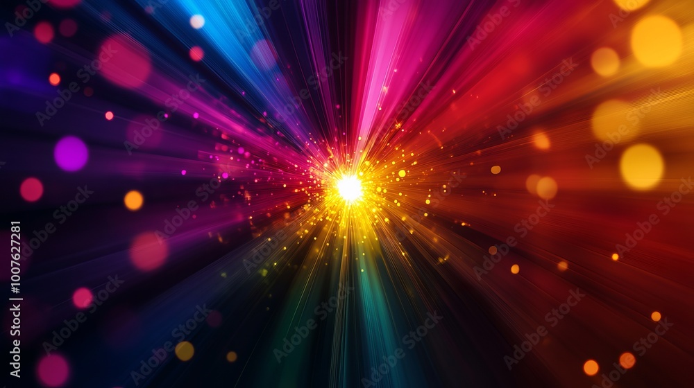 Poster colorful rays of light radiate from a central point, creating a vibrant and dynamic abstract backgro