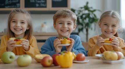 Children enjoying colorful fruit snacks in a bright kitchen during an afternoon gathering