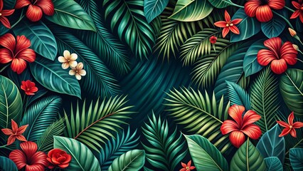 Naklejka premium A Vibrant Symphony of Tropical Foliage and Blossoms, Intertwined in a Lush Tapestry of Emerald Hues