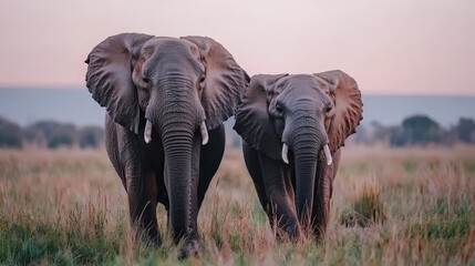 Fototapeta premium African Elephant Family Walking Through Grassland at Sunset