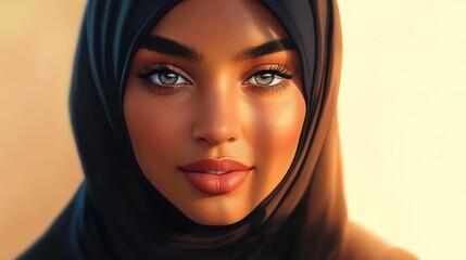 Naklejka premium Close-up Portrait of a Woman Wearing a Black Hijab with Soft Lighting