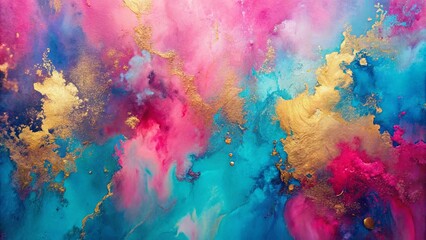 A vibrant abstract art piece showcasing a mesmerizing interplay of swirling blue, pink, and gold hues, evoking a sense of ethereal beauty and celestial wonder.
