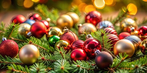 A festive arrangement of colorful baubles nestled among vibrant green evergreen branches, creating a captivating holiday tableau.