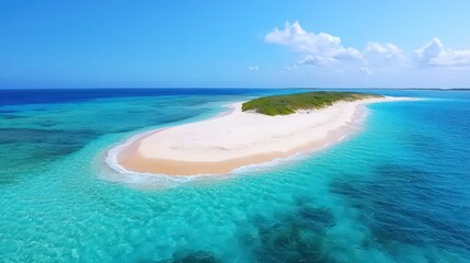 Aerial View of Tropical Island with White Sandy Beach and Crystal Clear Blue Water