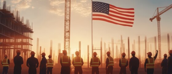Construction Workers with American Flag at Sunrise on Job Site