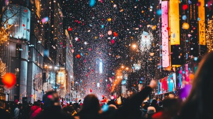 Crowd Celebrating with Confetti Falling During Nighttime in City