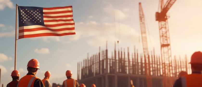 Construction Workers with American Flag at Building Site