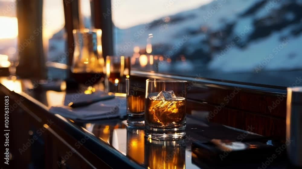 Poster glass of whiskey with ice is resting on a table inside a private jet, with a snowy mountain view out