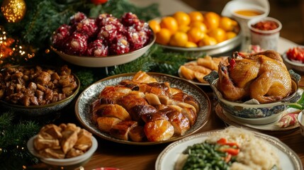 Obraz premium A Feast of Chinese Cuisine on a Wooden Table