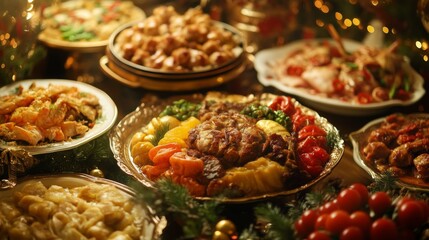 Obraz premium A Festive Feast with Roasted Meat, Vegetables, and Dumplings