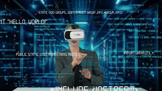IT developer analyzing intelligent website development coder system running data by VR glasses screen innovation interface digital infographic network technology visual hologram server. Contraption.