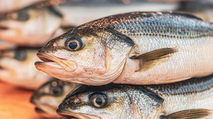 Fresh Sea Bass Fish Stacked at Market   Seafood Close Up
