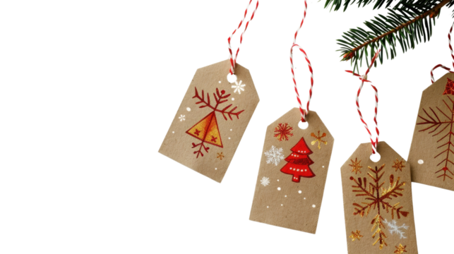 Holiday gift tags with string on white background