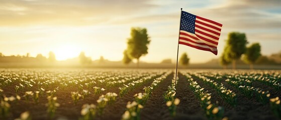 American Flag in Sunlit Field of Crops