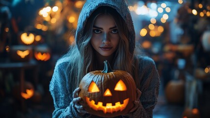 Naklejka premium Halloween Night with Hooded Girl Holding Glowing Jack-O-Lantern