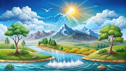 Fototapeta premium Detailed Water Cycle Graphic Illustrating Evaporation, Condensation, Precipitation, and Collection