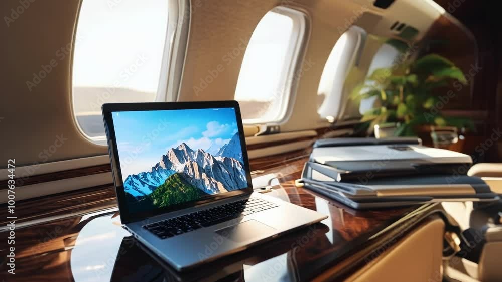 Poster laptop computer is open on a table inside the cabin of a private jet, papers are stacked next to it 