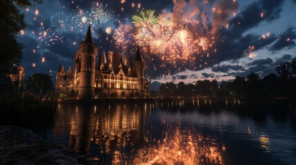 Obraz premium A Majestic Castle Illuminated by a Breathtaking Fireworks Display