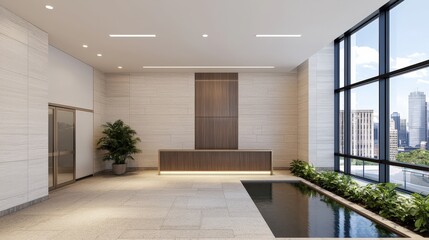 Fototapeta premium Modern Office Lobby Interior Design with Reception Desk Plants and City View