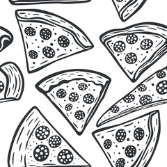 Seamless Black and White Line Art Pizza Slice Pattern. Monochrome Flat Pizza Design for Pizzeria Backgrounds and Decor, Perfect for Menu Templates and Wall Art