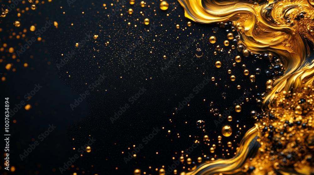 Poster golden liquid splashes with bubbles on a dark background, creating an elegant and dynamic visual eff