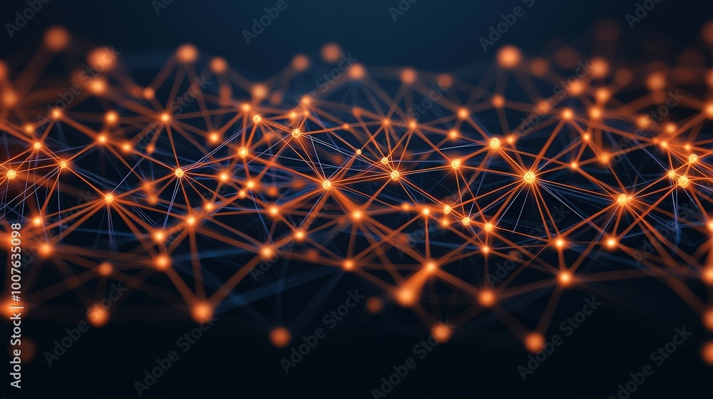 Aufkleber abstract network mesh of connected points with glowing orange nodes on dark background