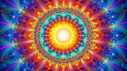A vibrant mandala of intricate details, radiant colors, and a glowing central light, evokes a sense of cosmic harmony and inner peace.