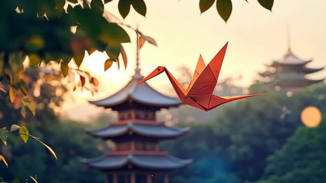 A red origami crane flies in front of a pagoda at sunset