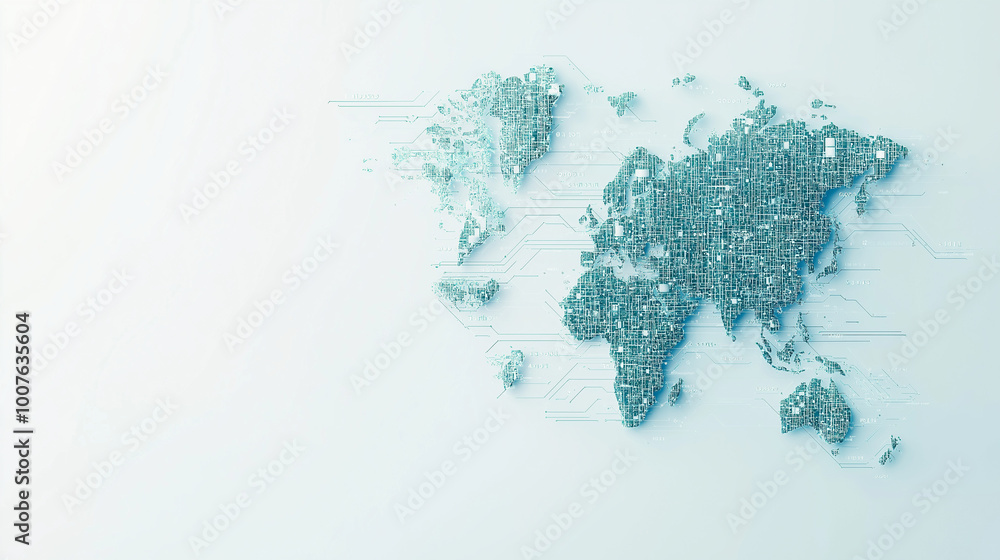 Poster a light blue background with a digital world map and global network connections, representing the co