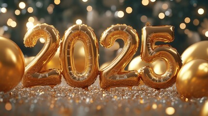 Golden Balloon Numerals 2025 on Glitter Background
