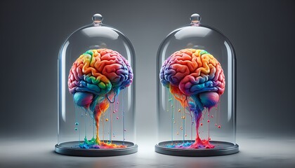 Colorful, surreal brains under glass where creativity and science meet.