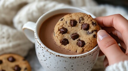Enjoying a cozy moment with a chocolate chip cookie dipped in warm cocoa on a chilly day at home