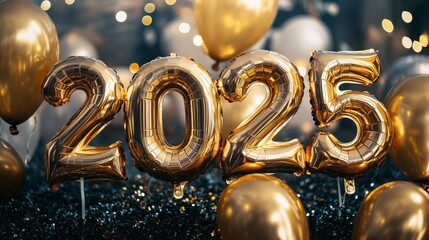Golden Balloons Forming the Number 2025 Against a Black and Gold Background