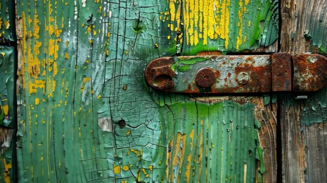 A rusty hinge is attached to a wooden door that has peeling green and yellow paint