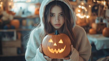 Halloween Night with Hooded Girl Holding Glowing Jack-O-Lantern