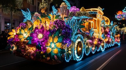 Illuminated Floral Parade Float with Blue Lights