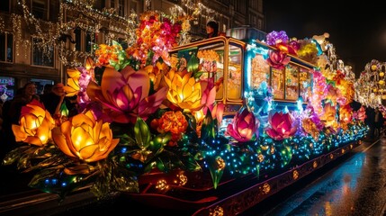 Fototapeta premium Illuminated Floral Float with Person on Top During Nighttime Parade