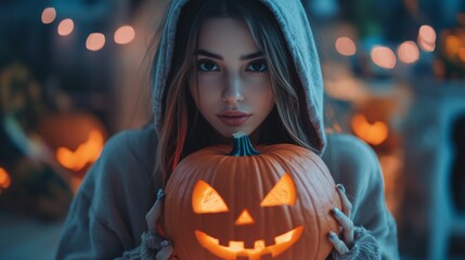 Halloween Night with Hooded Girl Holding Glowing Jack-O-Lantern