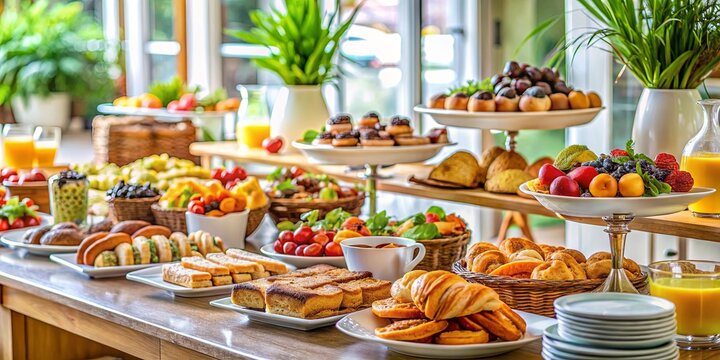 A Table Filled With Delightful Breakfast Options, Including Fresh Fruit, Pastries, Sandwiches, and Refreshing Orange Juice
