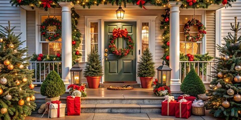 Festive Porch Adorned with Lights, Garlands, and Wreaths, Signaling the Arrival of the Holiday Season