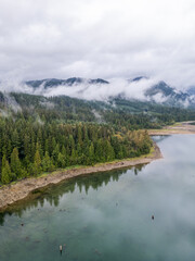 Serene Landscape View of Stave Lake and Forested Mountains in Mission, BC, Canada on a Cloudy Day