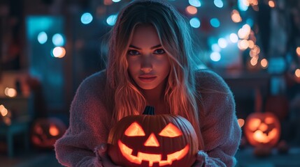 Halloween Night with Hooded Girl Holding Glowing Jack-O-Lantern