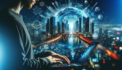 Person using the latest holographic technology at night.