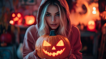 Halloween Night with Hooded Girl Holding Glowing Jack-O-Lantern