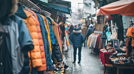 Fototapeta premium Outdoor market with traders selling clothing and accessories, bustling with shoppers
