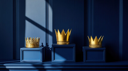 Three golden crowns on podiums in an elegant minimalistic composition on a blue background with sunlight. Happy Three King's Day. Concept for Epiphany day or Dia de Reyes Magos day , Three Wise Men.